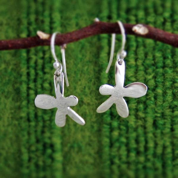 Small Happy Daisy Sterling Silver Earrings With High Polished Silver Finish | French Wire Silver Earrings