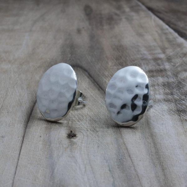 Small Oval Sterling Silver Earrings With Hammered Silver Finish | Silver Post Earrings picture