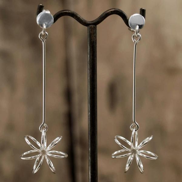 Floating Flower Sterling Silver Earrings With High Polished Silver Finish | Dangling Silver Post Earrings