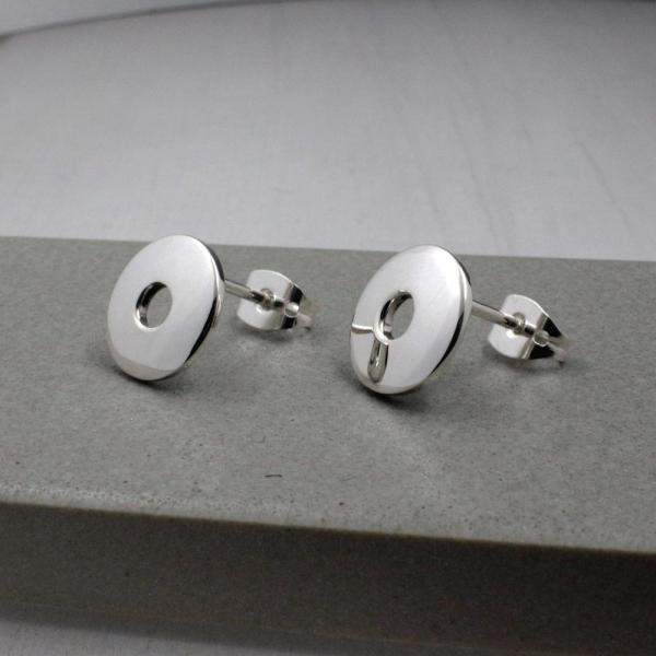 Small Off-Center Disc Sterling Silver Earrings With High Polished Silver Finish | Silver Post Earrings picture