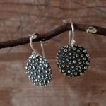 Disc Dotted Sterling Silver Earrings With Oxidized Silver Finish | French Wire Silver Earrings