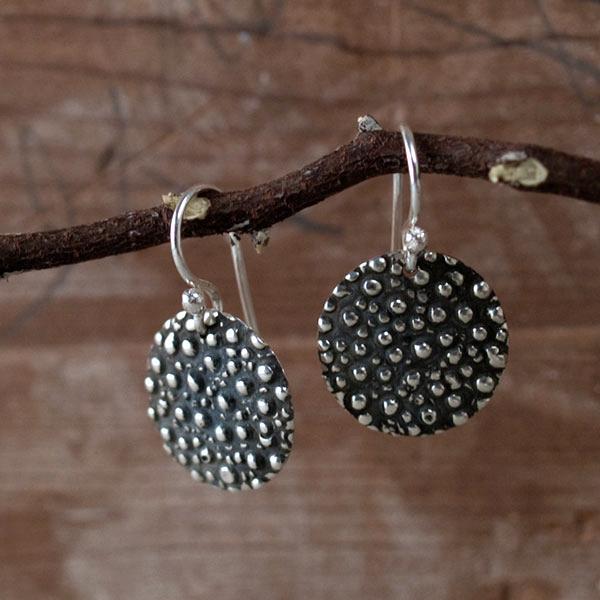 Disc Dotted Sterling Silver Earrings With Oxidized Silver Finish | French Wire Silver Earrings