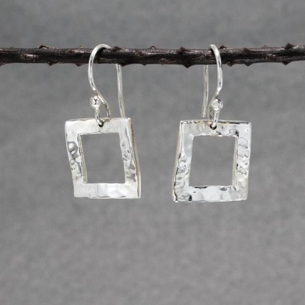 Rippled Inner Square Sterling Silver Earrings With Hammered Silver Finish | French Wire Silver Earrings picture