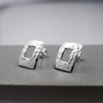 Small Off-Center Rectangle Sterling Silver Earrings With Hammered Silver Finish | Silver Post Earrings