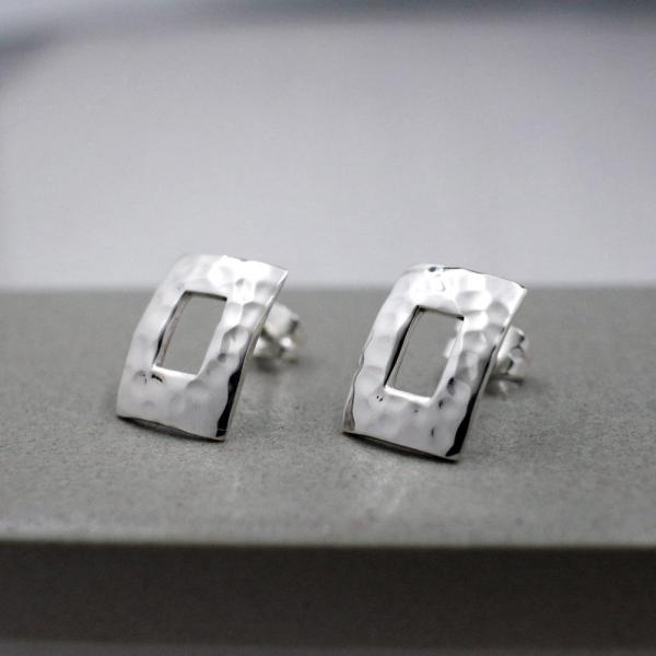 Small Off-Center Rectangle Sterling Silver Earrings With Hammered Silver Finish | Silver Post Earrings picture