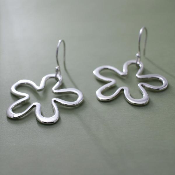 Daisy Silhouette Flower Sterling Silver Earrings With High Polished Silver Finish | French Wire Silver Earrings picture
