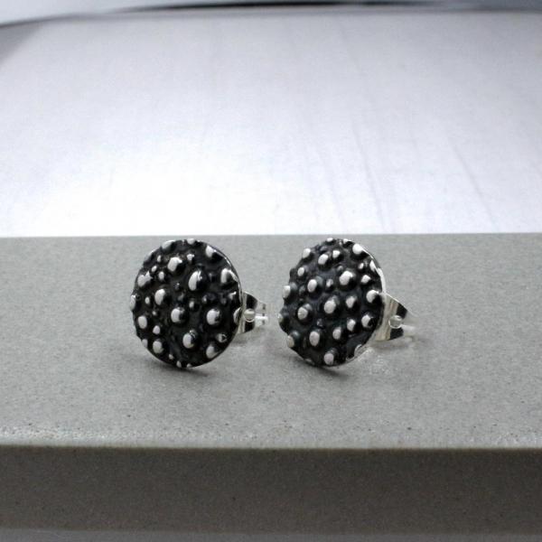 Small Disc Dotted Sterling Silver Earrings With Oxidized Silver Finish | Silver Post Earrings picture