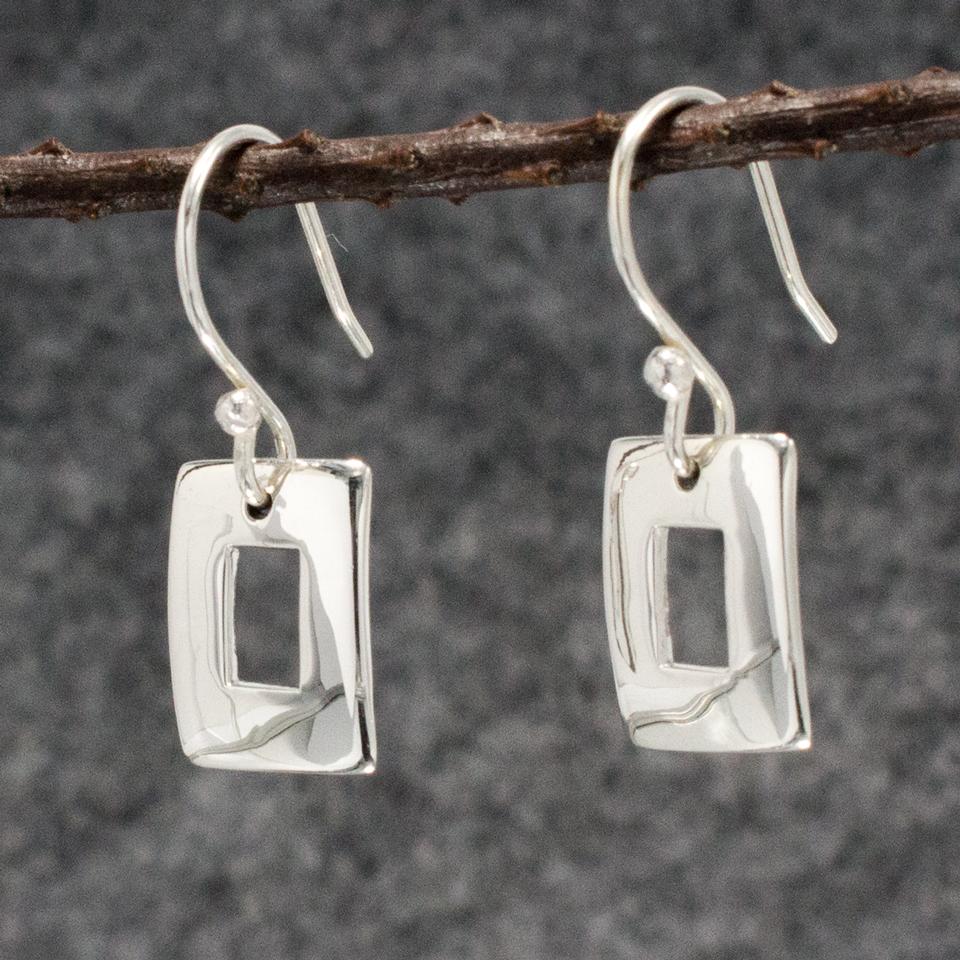 Small Off-Center Rectangle Sterling Silver Earrings With High Polished Silver Finish | French Wire Silver Earrings picture