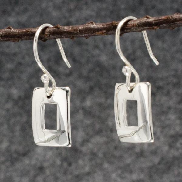 Small Off-Center Rectangle Sterling Silver Earrings With High Polished Silver Finish | French Wire Silver Earrings picture