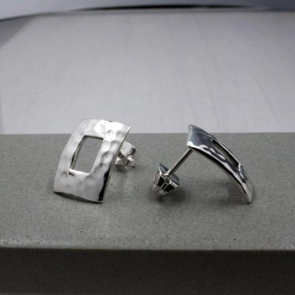Small Off-Center Rectangle Sterling Silver Earrings With Hammered Silver Finish | Silver Post Earrings picture