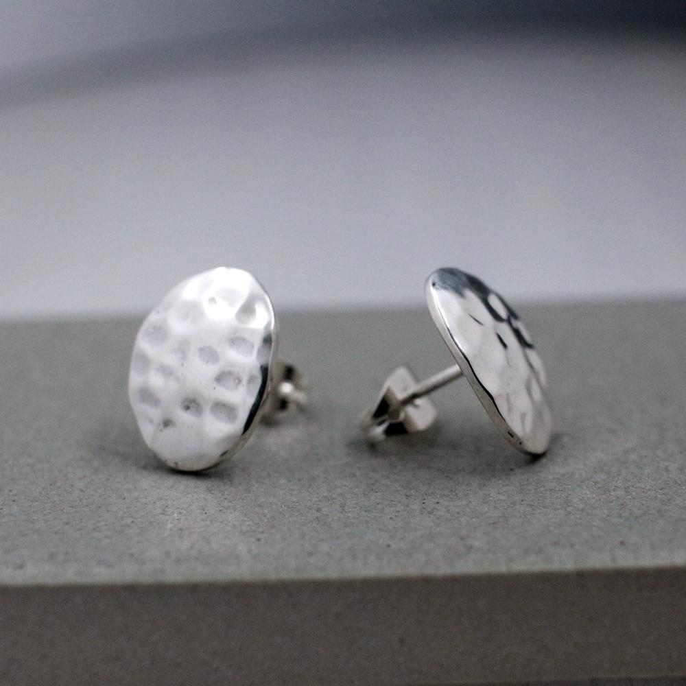 Small Oval Sterling Silver Earrings With Hammered Silver Finish | Silver Post Earrings picture