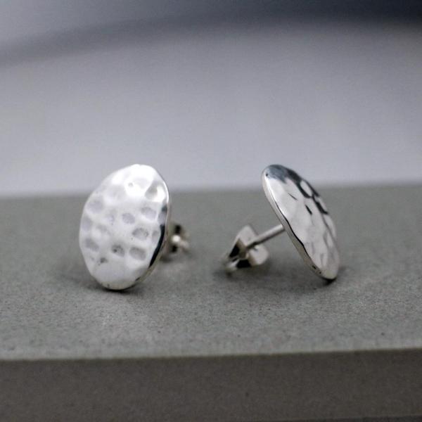 Small Oval Sterling Silver Earrings With Hammered Silver Finish | Silver Post Earrings picture