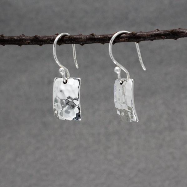 Small Rectangle Sterling Silver Earrings With Hammered Silver Finish | French Wire Silver Earrings picture