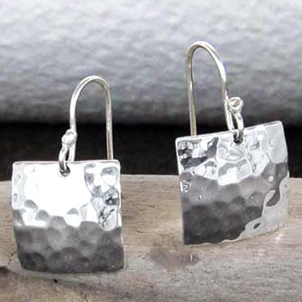 Square Sterling Silver Earrings With Hammered Silver Finish | French Wire Silver Earrings picture