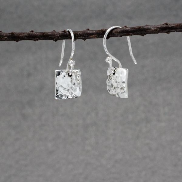 Small Square Sterling Silver Earrings With Hammered Silver Finish | French Wire Silver Earrings picture