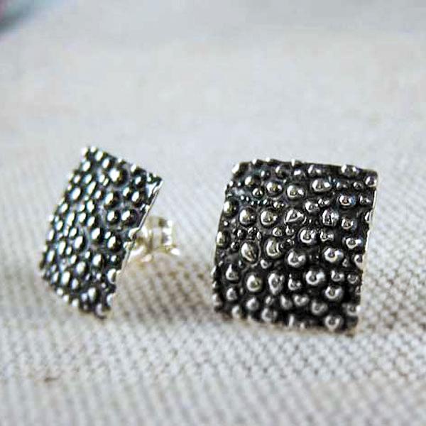 Square Dotted Sterling Silver Earrings With Oxidized Silver Finish | Silver Post Earrings