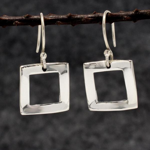 Rippled Inner Square Sterling Silver Earrings With High Polished Silver Finish | French Wire Silver Earrings