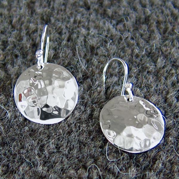 Disc Sterling Silver Earrings With Hammered Silver Finish | French Wire Silver Earrings picture