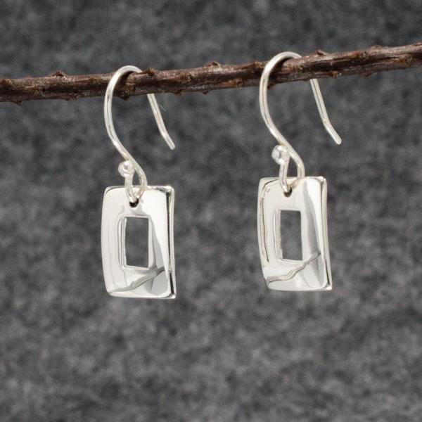 Small Off-Center Rectangle Sterling Silver Earrings With High Polished Silver Finish | French Wire Silver Earrings