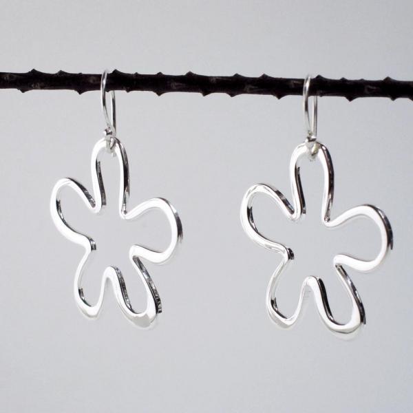 Daisy Silhouette Flower Sterling Silver Earrings With High Polished Silver Finish | French Wire Silver Earrings picture