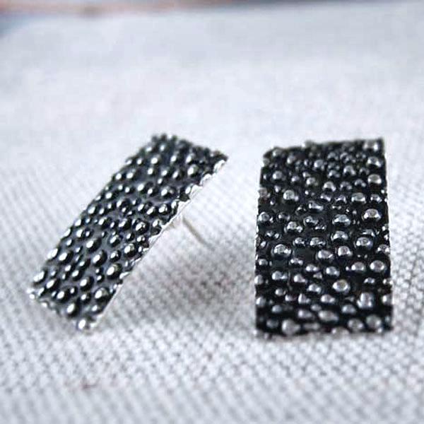 Rectangle Dotted Sterling Silver Earrings With Oxidized Silver Finish | Silver Post Earrings