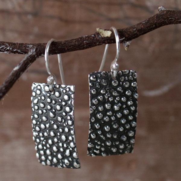 Rectangle Dotted Sterling Silver Earrings With Oxidized Silver Finish | French Wire Silver Earrings
