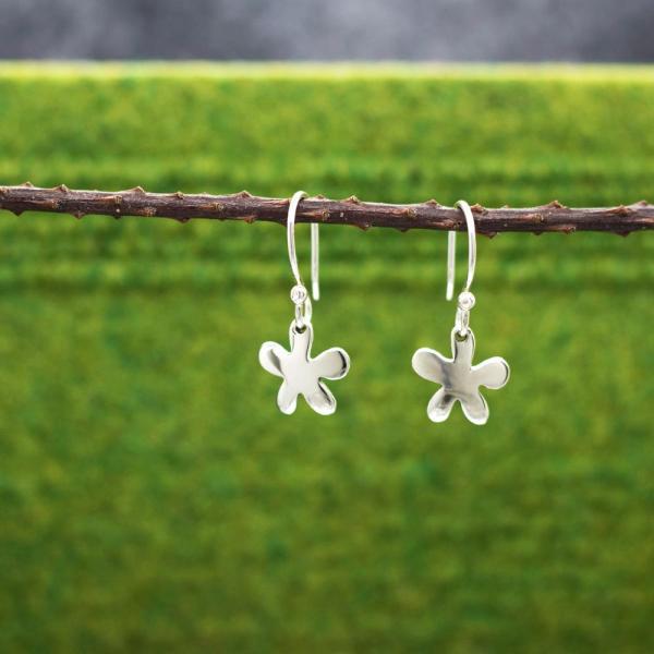 Small Daisy Sterling Silver Earrings With High Polished Silver Finish | French Wire Silver Earrings