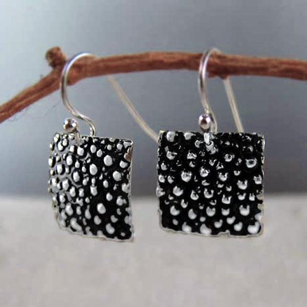Square Dotted Sterling Silver Earrings With Oxidized Silver Finish | French Wire Silver Earrings picture
