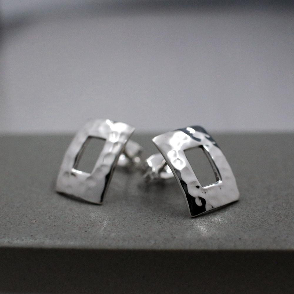 Small Off-Center Rectangle Sterling Silver Earrings With Hammered Silver Finish | Silver Post Earrings picture