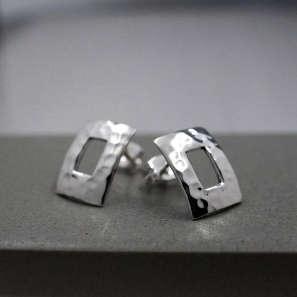 Small Off-Center Rectangle Sterling Silver Earrings With Hammered Silver Finish | Silver Post Earrings picture