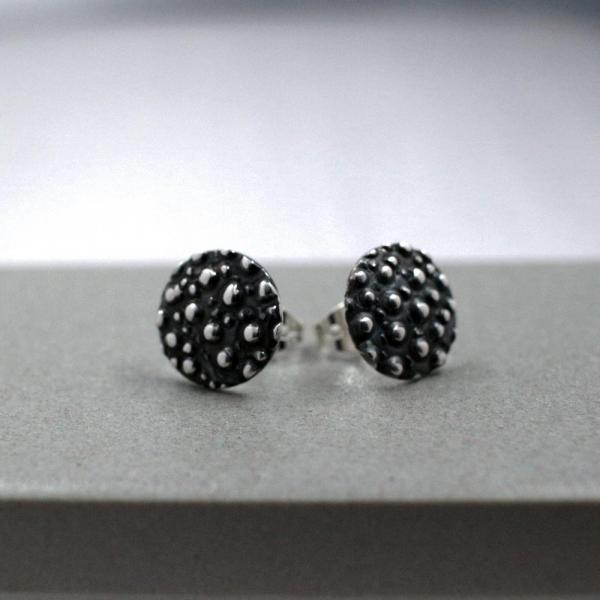 Small Disc Dotted Sterling Silver Earrings With Oxidized Silver Finish | Silver Post Earrings picture