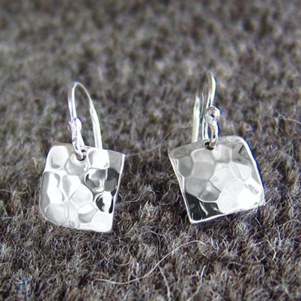 Small Square Sterling Silver Earrings With Hammered Silver Finish | French Wire Silver Earrings picture