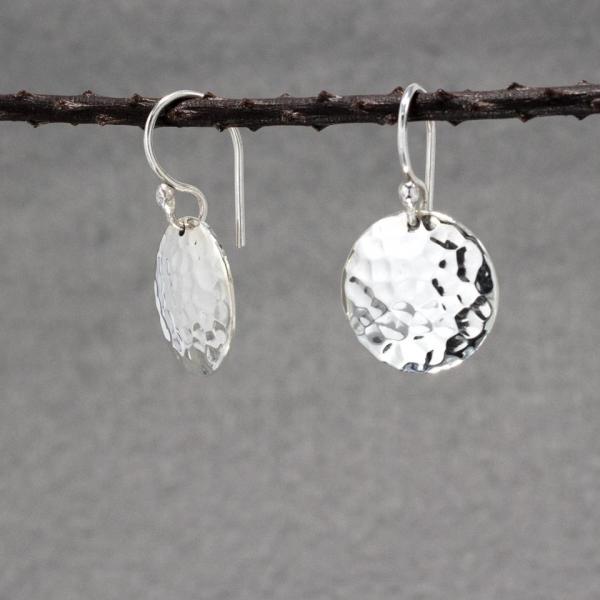 Disc Sterling Silver Earrings With Hammered Silver Finish | French Wire Silver Earrings