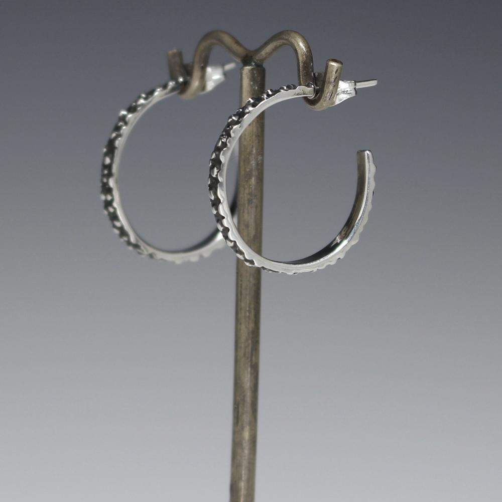 Small Simple Silver Hoop Earrings With Oxidized Dotted Silver | Silver Post Earrings picture