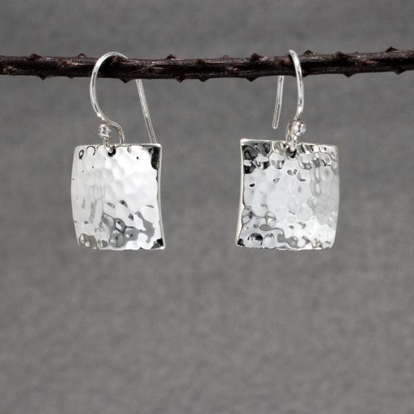 Square Sterling Silver Earrings With Hammered Silver Finish | French Wire Silver Earrings