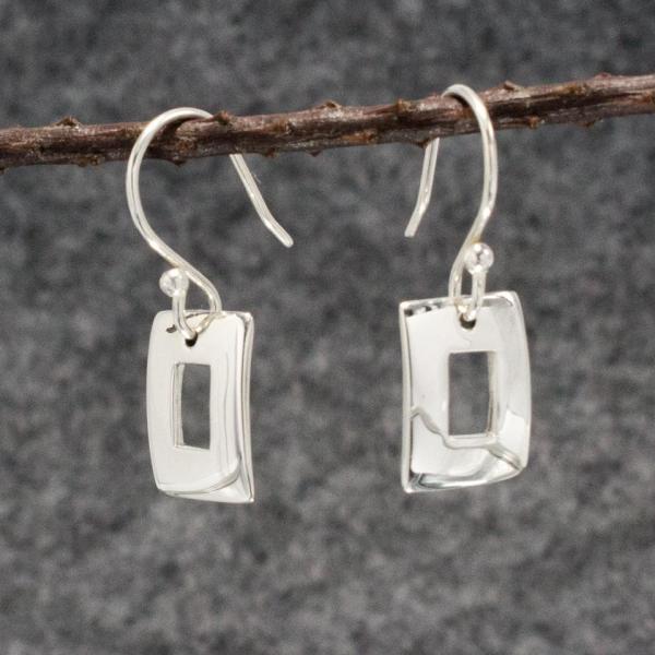 Small Off-Center Rectangle Sterling Silver Earrings With High Polished Silver Finish | French Wire Silver Earrings picture