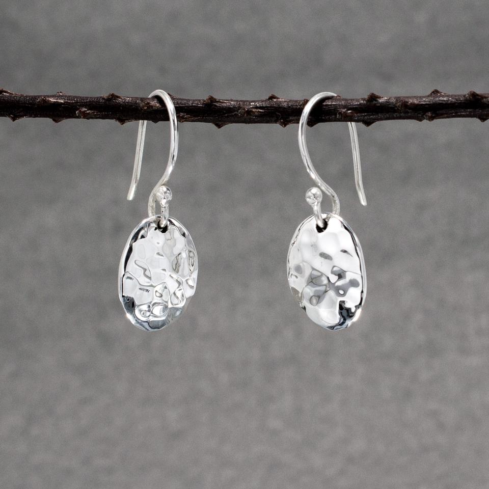 Small Oval Sterling Silver Earrings With Hammered Silver Finish | French Wire Silver Earrings picture