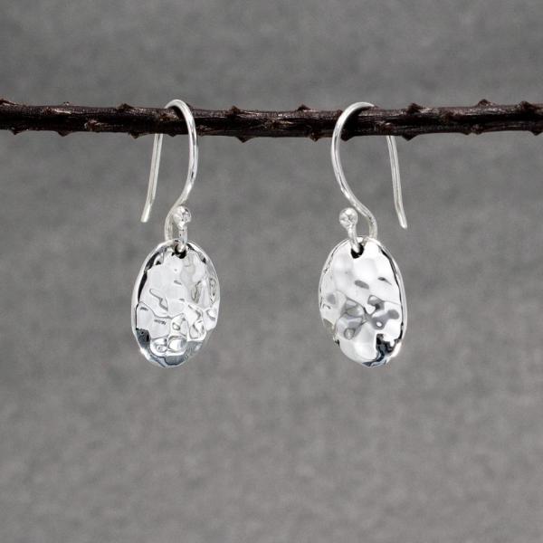 Small Oval Sterling Silver Earrings With Hammered Silver Finish | French Wire Silver Earrings picture