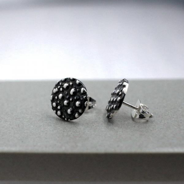 Small Disc Dotted Sterling Silver Earrings With Oxidized Silver Finish | Silver Post Earrings picture