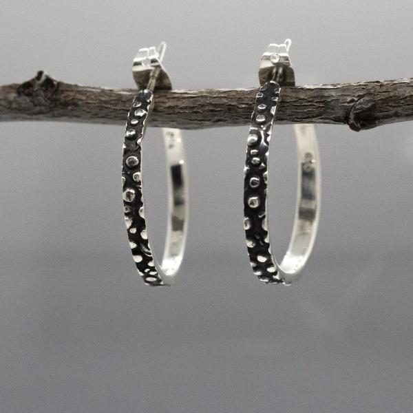 Small Simple Silver Hoop Earrings With Oxidized Dotted Silver | Silver Post Earrings picture