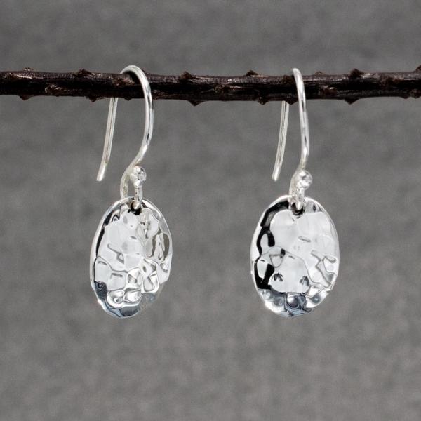 Small Oval Sterling Silver Earrings With Hammered Silver Finish | French Wire Silver Earrings