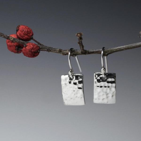 Small Rectangle Sterling Silver Earrings With Hammered Silver Finish | French Wire Silver Earrings