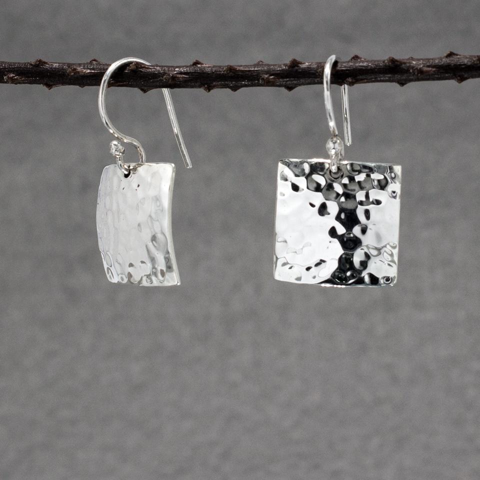Square Sterling Silver Earrings With Hammered Silver Finish | French Wire Silver Earrings picture