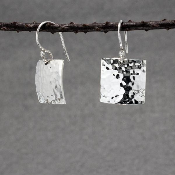 Square Sterling Silver Earrings With Hammered Silver Finish | French Wire Silver Earrings picture