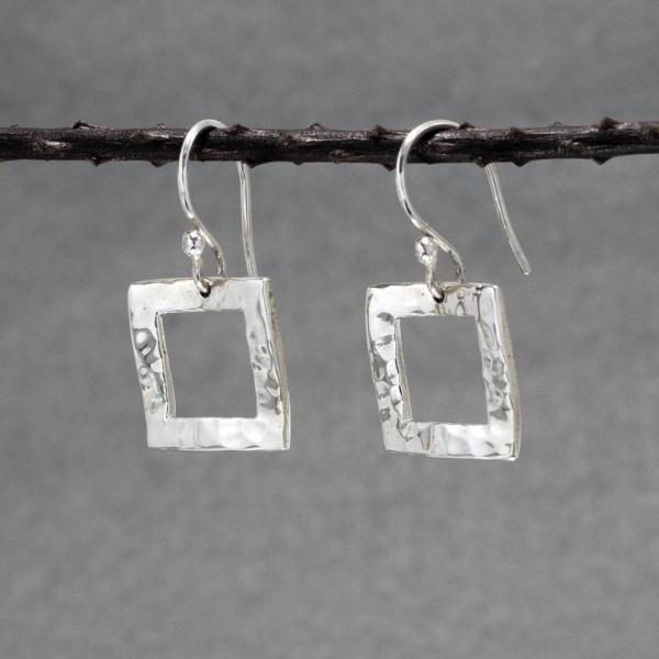 Rippled Inner Square Sterling Silver Earrings With Hammered Silver Finish | French Wire Silver Earrings picture