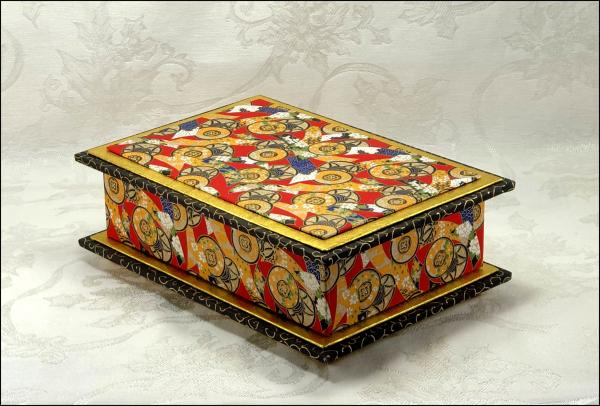Gold Coins on Red  Washi Covered Box, 9.75" x 6.75" (brim to brim); 3.5" tall