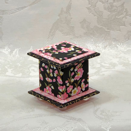 Pink Flowers on Black Washi Covered Box, 3"x3" (brim to brim); 3.38" tall