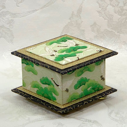 BACK IN STOCK! Cranes With Green Washi Covered Box, 4.5"x 4.5" (brim to brim); 3.25" tall