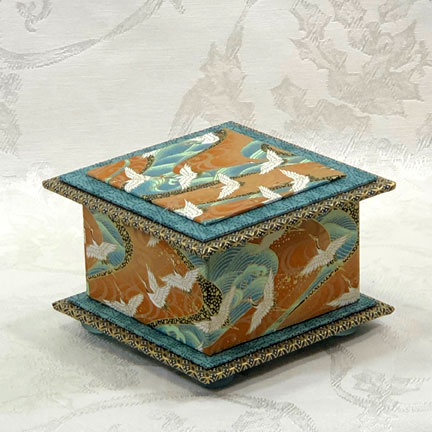 Teal Cranes Washi Covered Box, 4.5"x 4.5" (brim to brim); 3.25" tall