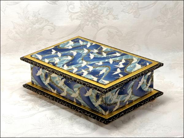 Cranes on Blue Stream  Washi Covered Box, 9.75" x 6.75" (brim to brim); 3.5" tall